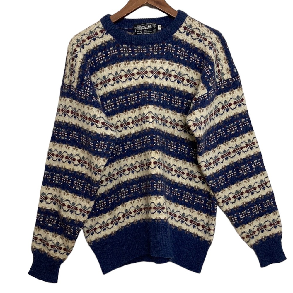 Shetland Wool Sweater Womens Medium Fair Isle Country Crew Neck Blue Cream Red